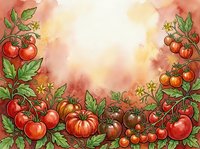 Watercolor tomato plants with ripe red and orange fruits and green foliage frame a soft peachy-yellow center, creating a rustic garden border suitable for recipe cards, menus, and culinary designs.