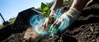 Hands planting seedling in soil with glowing renewable energy and leaf icons overlay, representing sustainable agriculture, green technology, and eco-friendly farming practices.