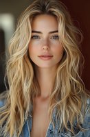 Young Caucasian woman with long wavy blonde hair and natural makeup wearing denim jacket, looking directly at camera with confident expression. Soft lighting creates warm atmosphere.