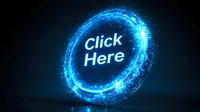 Glowing blue neon click here button with light particles effect on dark background, modern digital interface design element for web and apps.