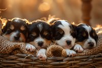 Four adorable Cavalier King Charles Spaniel puppies sleeping together in woven basket, backlit by warm golden sunlight, creating dreamy atmosphere.