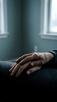 Elderly male hands resting on dark fabric with wrinkled skin showing age and experience, positioned near bright windows in minimalist interior setting for healthcare, aging, wellness concepts.