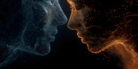 Abstract digital faces formed by glowing blue and orange particles facing each other against dark background, representing connection or duality.