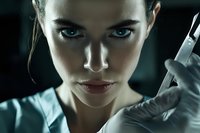 Young Caucasian female scientist or medical professional wearing white lab coat and gloves, holding laboratory equipment or syringe, serious expression, dark background, suitable for healthcare, research, and medical industry concepts.