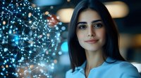 Young Middle Eastern businesswoman with long dark hair and confident smile near glowing network visualization, representing digital transformation and connectivity.