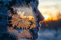 Delicate frost crystals on window glass at sunset, creating intricate ice patterns with golden light shining through the frozen formations.