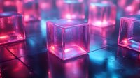 Glowing transparent cubes with pink and blue neon lighting on reflective surface create futuristic cyberpunk atmosphere for technology and gaming concepts.