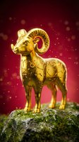 Golden ram figurine standing on moss-covered stone against magenta background with bokeh lights, symbolizing wealth, prosperity, and success for business and financial concepts.