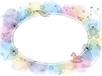 Watercolor oval frame with baby toys teddy bear rocking horse paper planes stars on pastel rainbow background for nursery design invitations cards.
