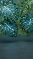 Futuristic tropical leaves with glowing circuit patterns and neon blue lights creating cyberpunk jungle atmosphere for sci-fi design projects.