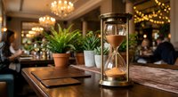Elegant hourglass timer on wooden table in upscale restaurant with warm lighting and greenery creating sophisticated dining atmosphere for time management concepts.
