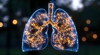 Glowing translucent human lungs with illuminated bronchial tree structure against dark background with bokeh lights, medical science visualization concept.