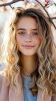 Young blonde woman with curly hair smiling outdoors under blooming magnolia tree in spring sunlight for natural beauty and wellness concepts.