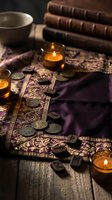 Mystical fortune telling setup with ancient coins, runes, candles and old books on ornate purple cloth creating atmospheric divination scene for spiritual practices.