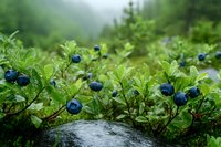 Wild blueberry bush with ripe berries growing on wet stone in misty mountain forest, fresh green leaves covered with morning dew drops.