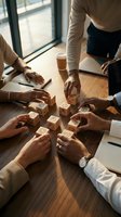 Diverse business team arranging wooden cubes with strategy icons on office table, symbolizing teamwork, planning, and corporate collaboration.