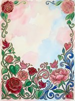 Watercolor floral border frame with roses, peonies, and ornamental scrolls in pink, red, and blue tones on cream background. Suitable for invitations, cards, and design projects.