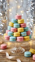 Colorful macarons pyramid on glass cake stand with sparkling bokeh lights background for celebration dessert table and party decoration.