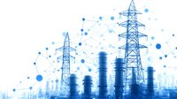 High voltage power transmission towers and electrical substations with digital network connections overlay in blue tones, representing smart grid technology.