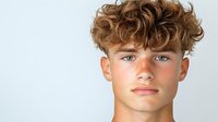 Young male model with trendy curly brown hair and blue eyes against white background, displaying confident expression and modern hairstyle. Professional portrait studio shot.