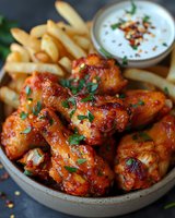 Spicy buffalo chicken wings with french fries and ranch dipping sauce garnished with fresh herbs and red pepper flakes in ceramic bowl, close up food photography.