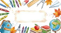 Back to school supplies frame with colorful pencils, crayons, books, globe, backpack and autumn leaves on white background for educational design.
