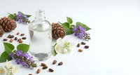 Natural aromatherapy essential oil bottle with purple lavender flowers, pine cones and coffee beans on white background for spa wellness relaxation.