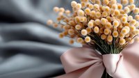 Golden dried flower bouquet with pink ribbon bow on soft gray fabric background for wedding decor and floral arrangements.