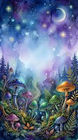 Enchanted forest landscape with glowing mushrooms, crescent moon, and starry night sky in watercolor style, perfect for fantasy art, children's book illustrations, and magical themed designs.