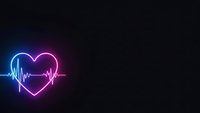 Neon heart with pulse line in blue and pink colors on dark background for medical healthcare design concepts.