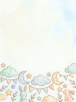 Cute nursery border with smiling clouds, crescent moons, stars, bunnies, and bunting flags in soft pastels. Isolated design element ready for baby room decor, invitations, and children's products.