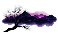Mystical purple mountain landscape with silhouette of bare tree against dreamy layered peaks and pink sunset sky, creating atmospheric nature scene for wall art.