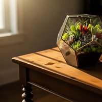 Geometric glass terrarium with colorful succulents on wooden table in warm sunlight for modern home decor and indoor gardening projects.