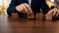 Businessman arranging wooden blocks with question marks on desk, representing problem-solving and decision-making in corporate environment.