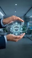 Businessman hands protecting glowing trust shield with network connections in modern office environment representing cybersecurity and data protection.