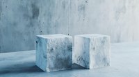 Minimalist concrete cubes on textured cement surface with industrial blue-gray tones for modern interior design and architectural visualization projects.