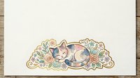 Sleeping cat surrounded by decorative flowers and leaves in pastel colors on cream background, isolated design element for crafts and decor projects.