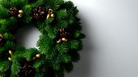 Traditional Christmas wreath with fresh green pine branches, natural pine cones, and golden bell decorations on neutral background.