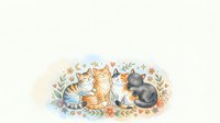Watercolor group of four cute cats sitting together surrounded by flowers and hearts, soft pastel tones, cozy pet art for cards and prints.