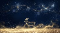 Silhouette of a deer standing in golden glowing particles and stardust against a dark night sky with constellation patterns above, creating a magical winter or celestial atmosphere.