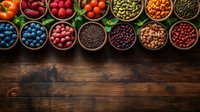 Colorful superfoods in wooden bowls on rustic dark table. Fresh berries, nuts, seeds and legumes arranged in row creating healthy food border.