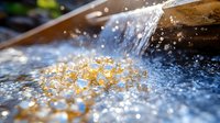 Water splashing on golden jewelry pieces with sparkling droplets and bokeh effect creating luxurious atmosphere. Macro photography captures intricate details and light reflections.