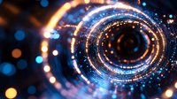Glowing spiral tunnel with blue and orange light particles creating dynamic motion effect against dark background. Abstract digital art for technology concepts.