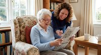 Elderly Caucasian woman with glasses reading newspaper while younger brunette woman looks over her shoulder in cozy living room with natural lighting.