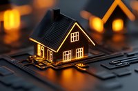 Glowing miniature house model on circuit board with warm orange lighting effects creates atmospheric mood for real estate and smart home technology concepts.
