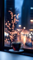 Steaming cup of tea on windowsill with warm bokeh city lights creating cozy evening atmosphere for relaxation and comfort concepts.