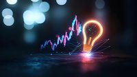 Glowing light bulb with financial chart, neon trading graph rising on dark background with bokeh lights, creative business concept for innovation.