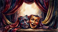 Theatrical drama and comedy masks displayed on stage with rich burgundy and gold velvet curtains, representing performing arts and entertainment themes.