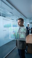 Middle-aged Caucasian businessman analyzing environmental sustainability data on interactive digital display in modern corporate office boardroom.