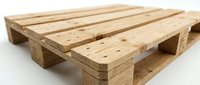 Wooden pallet with natural pine construction, featuring parallel deck boards and support blocks, isolated on white background for logistics and shipping concepts.